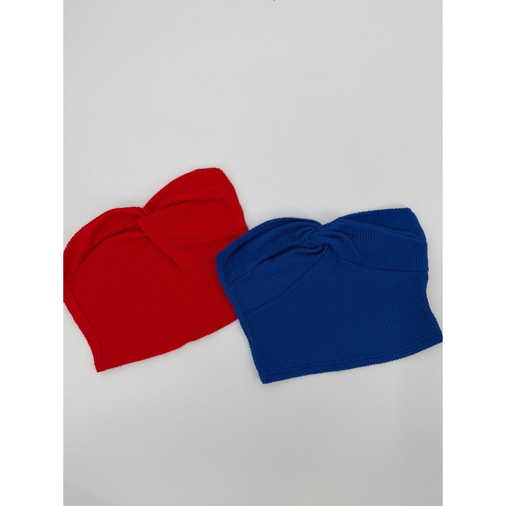 Women Red & Blue Twist Front Popcorn Knit Bandeau Tube Top Set Size XS 2pk